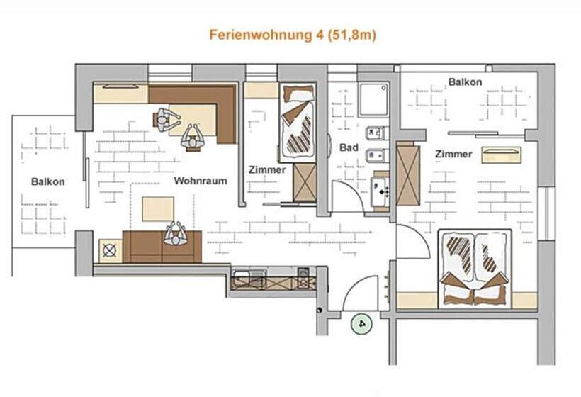 Апартаменты 2 Спальни с Балконом, Apartments Oberdorner