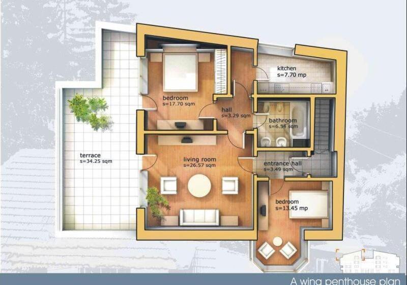 Апартаменты 2 Спальни с Террасой, 6 Apartments